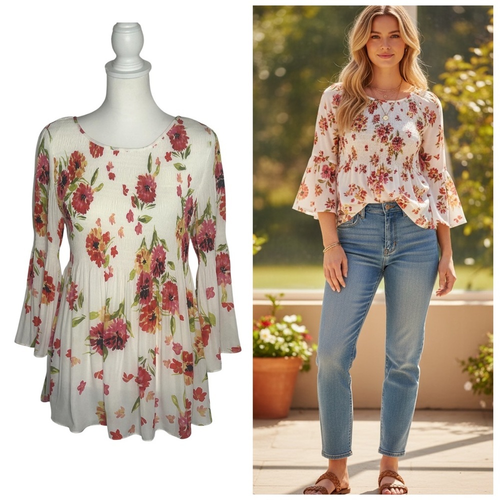 NWT Elle Floral Print Bell Sleeve Blouse Cream & Red Sz M bohemian  festival